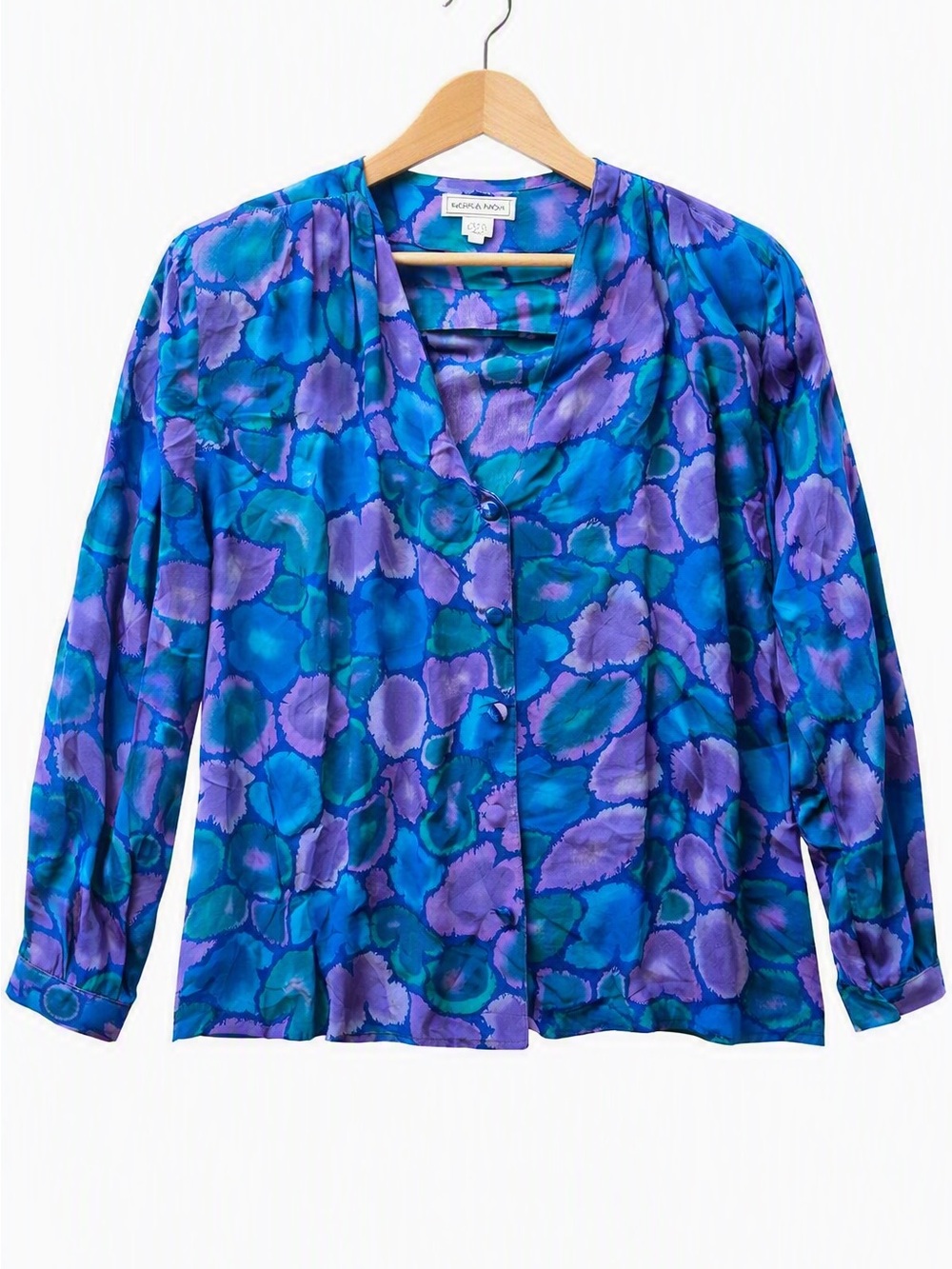 Nora Noh 100% Silk Designer Blouse – Blue Purple Floral Print Size 16